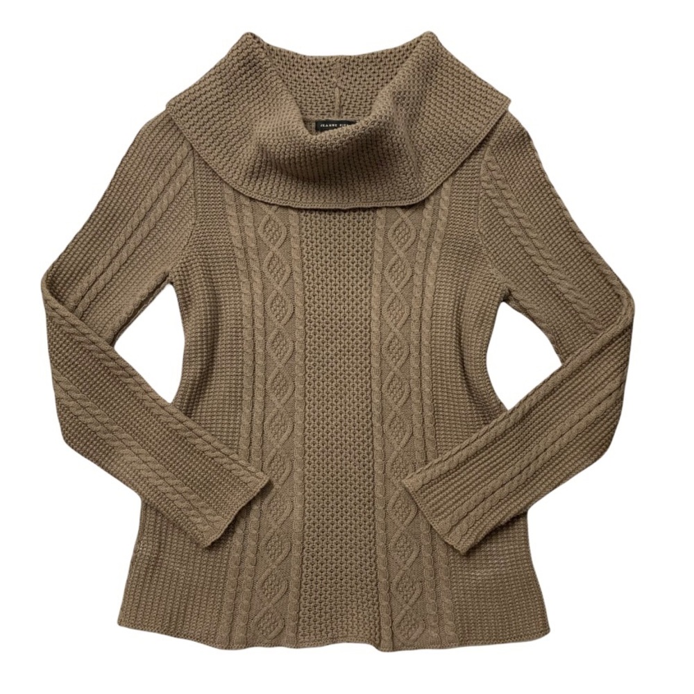 Jeanne Pierre Chunky Cable Knit Cowl Neck Sweater Neutral Light Brown